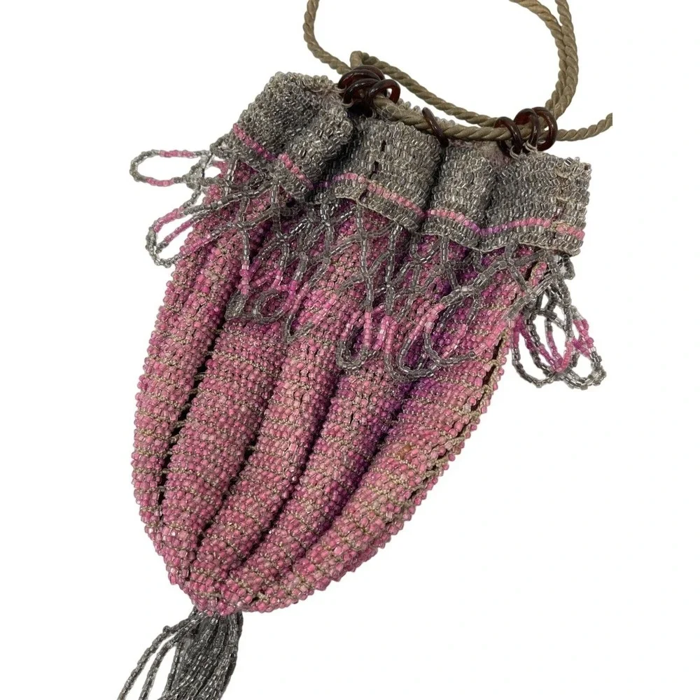 Glass Bead Drawstring Flapper Purse Manganese‎ Cadmium 1920s Purple UV Reactive